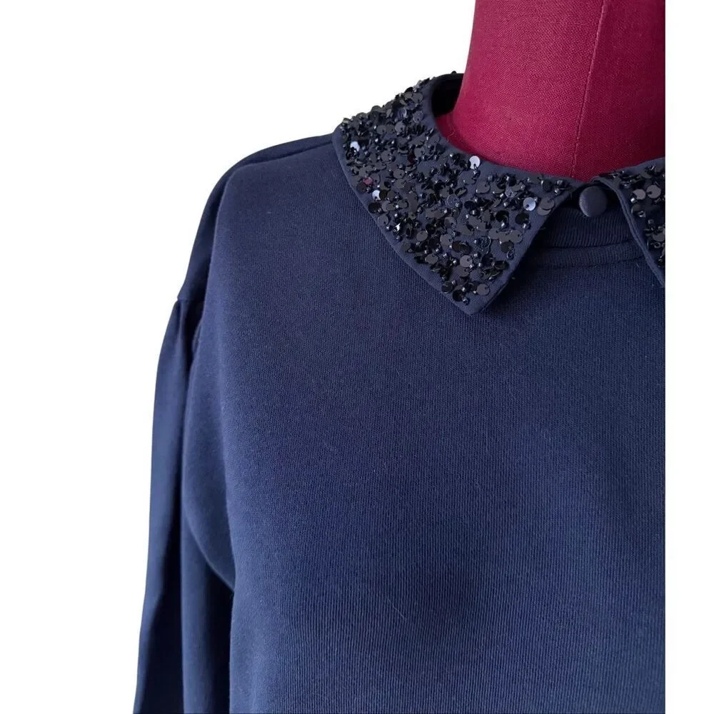 J CREW Crewneck Sweatshirt Top Crystal‎ Peter Pan Collar Navy Blue XS
